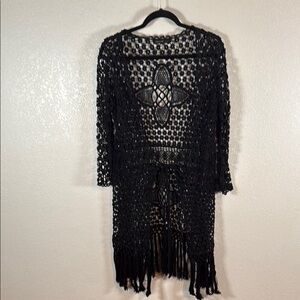 Origami by Vivien Black Floral Crochet Long Line Kimono Cardigan Size Medium